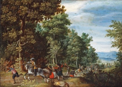 A wooded landscape with travellers being ambushed on a path at the edge of a wood