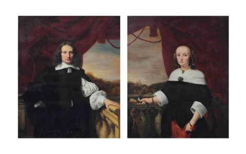 Portrait of Pieter Bouwens (1621-1680), three-quarter length, in a white chemise and black costume standing before a curtain on a balcony; and Portrait of his wife Anna Maria van Nutt (1622-1686), three-quarter length, in a red embroidered and black dress with white ruffs and collar, holding a fan and standing before a red curtain on a balcony