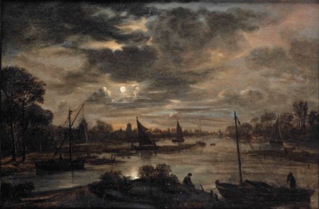 A moonlit river landscape with a village beyond