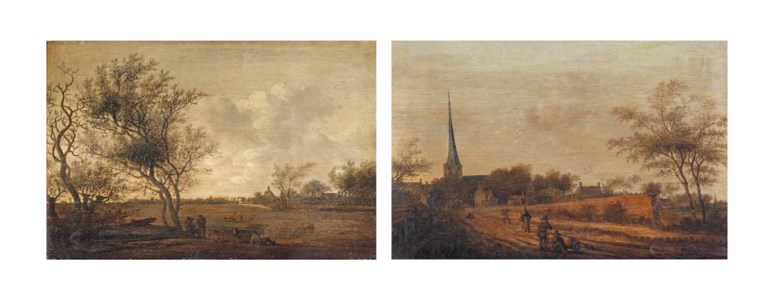 A view of Leidschendam with drovers and their cattle; and A view of Rijswijk with the Oude Kerk