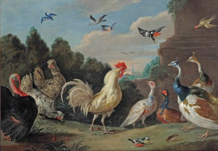 A cock, hens, a turkey, guinea fowl, finches and other birds by a plinth in a wooded landscape