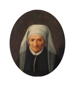 Portrait of an old lady, bust-length, in a black dress with a white collar and headdress