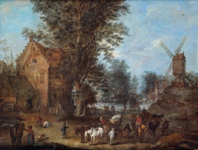A village scene with travellers and wagoners and numerous other figures at their daily activities
