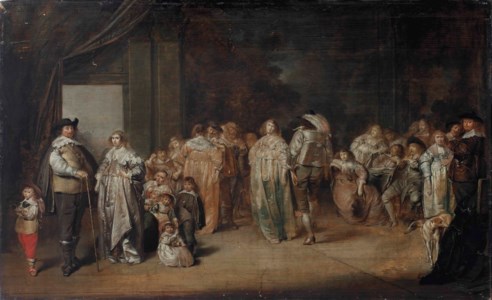 A group portrait of an elegant family and a company dancing, conversing and making music in an interior