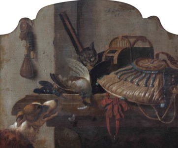 A 'desus-de-porte' of a hunting still life with a dog, a cat, a partridge and a Kingfisher, all on a wooden table