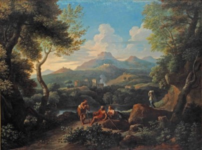 An Arcadian landscape with figures conversing on a rocky path near a lake, an Italian village beyond