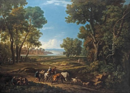 A pastoral landscape with a family travelling on horseback and figures resting in the foreground, shepherds and other figures on the path beyond, a town wall on the river bank in the distance