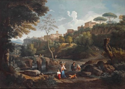 A pastoral landscape with a woman carrying a basket of grapes, figures conversing, herdsmen on a bridge, and a town on a rock in the near distance