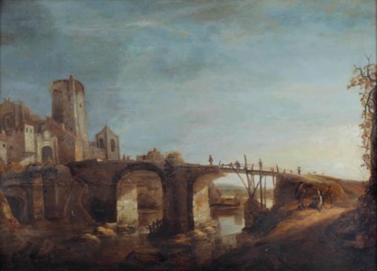 An Italianate river landscape with figures resting near a bridge, a town on the left bank