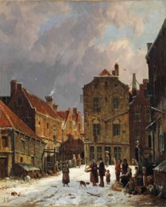 Vegetable sellers in a snow-covered Dutch town