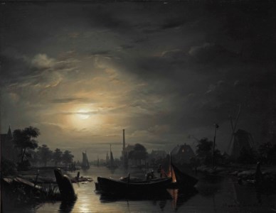 A river landscape in silver moonlight