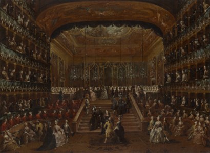 The interior of the Teatro San Benedetto, Venice, with the 1782 ball in honor of the ' Conti del Nord '