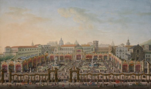 Naples, Piazza Trieste e Trento with a fair viewed from a balcony of the Palazzo Reale