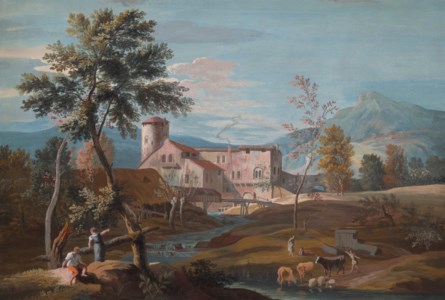 Two capricci landscapes: A man and a woman by a stream with a farmhouse in the background (i) ; Farmers and cattle by a river (ii)