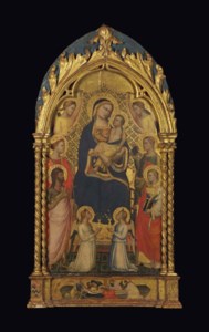 Madone à l'Enfant avec saint Jean-Baptiste et sainte Catherine d'Alexandrie (?), saint Laurent et sainte Lucie, entourés d'Anges. Mise au tombeau formant prédelle
