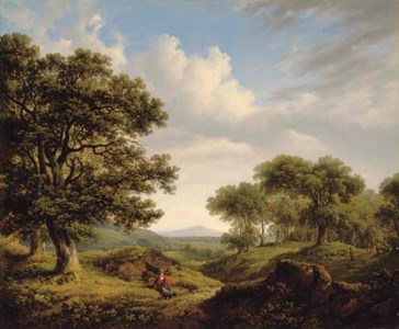 Wooded landscape with a figure resting by a path in the foreground