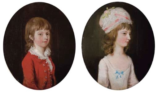 Portrait of a young boy, half-length, in a red coat and white collar; and Portrait of a young girl, half-length, in a white dress, wearing a white cap with flowers and light pink ribbons