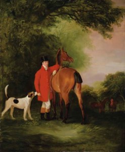 Portrait of Lord Lismore in a hunting coat with his bay hunter and a hound, in a landscape, a hunting party beyond