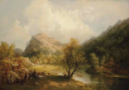 A view of the Eagle's Nest from the Black Valley with the castellated tower attached to Lord Brandon's cottage in the foreground, a party picnicking in the foreground beside the river Gearham