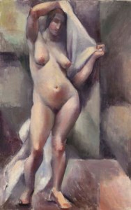 Standing Female Nude holding a White Drape