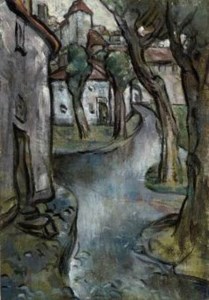 A tree-lined path through a town