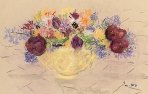 Still life with flowers in a yellow bowl
