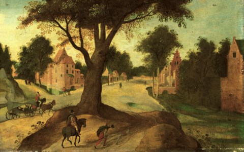 A wooded landscape with travellers entering a town