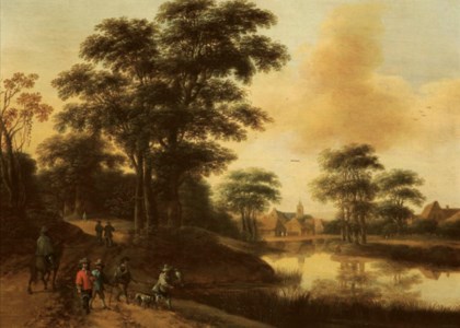 A hunting party near a lake, a village in the distance