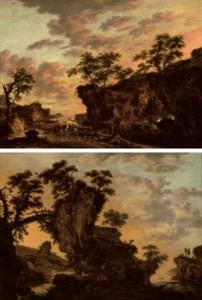 A rocky coastal landscape with a wooden bridge and horsemen in the foreground; and A rocky river landscape with an elegant hawking party on a path near a waterfall