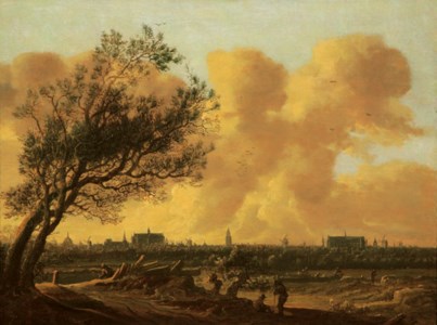A panaromic view of Leiden with figures under a tree in the foreground