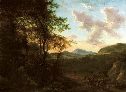 An Italianate wooded landscape with a peasant on his mule driving sheep on a track, a river and mountains beyond