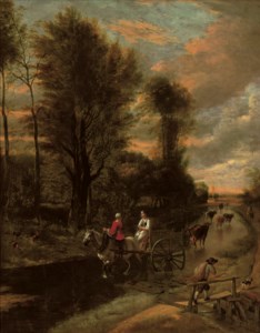 A horse-drawn cart with two women travelling down a flooded road at the edge of a wood