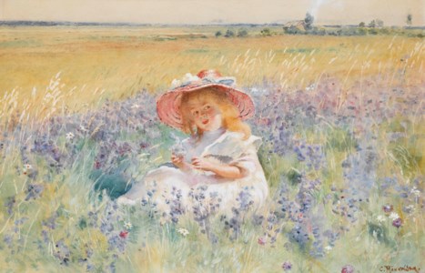 A young girl in a field of salvia, oxeye daisies and meadow foxtail