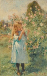 A little girl smelling mallow and yarrow