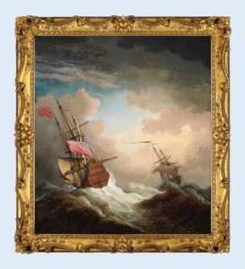 A Flagship of the Red Squadron running before a gale with another close-hauled vessel off her starboard beam