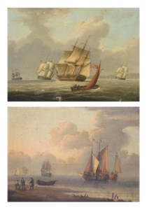 A frigate and other shipping heeling in the breeze in coastal waters; and Barges and other shipping in a calm off the Dutch coast, with fishermen on the beach in the foreground (both illustrated)