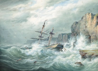 A stiff onshore breeze with a dismasted merchantman foundering on the rocks