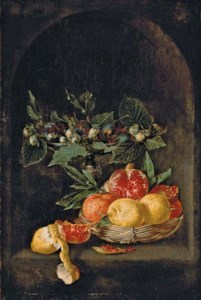 Plums and hazelnuts on a tazza , with lemons, oranges and a pomegranate in a basket on a table, with a partly-peeled lemon and a pomegranate segment
