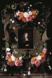 A cartouche surrounded by garlands of roses, thistle, holly and other flowers and butterflies with a later portrait of a gentleman, seated, bust-length, in a black cloak with a lace collar