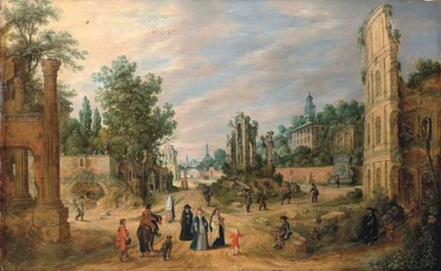 A capriccio of the Campo Vaccino , Rome, with elegant company and peasants