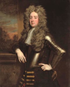 Portrait of Edward Henry Lee, 1st Earl of Lichfield (1663-1716), three-quarter-length, in armour, leaning on a plinth, a landscape beyond