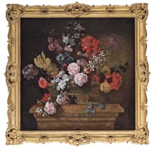 Roses, convolvulus, spider lilies, parrot tulips, a peony and other flowers in a basket on a pedestal