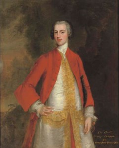 Portrait of George, 1st Baron Vernon of Sudbury, Derbyshire (b. 1707-8), three-quarter-length, in a red coat and white waistcoat with gold trim, in a landscape