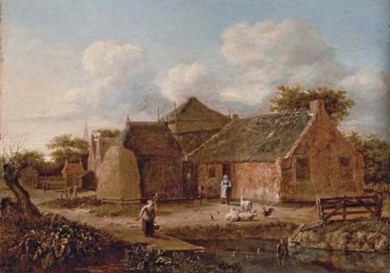 Two peasant women in a farm courtyard
