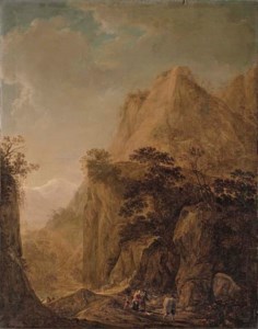 A rocky landscape with travellers on a path and peasants by a lake