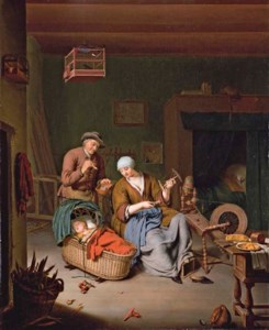 A woman spinning yarn with a baby in a wicker basket and an old man smoking a pipe