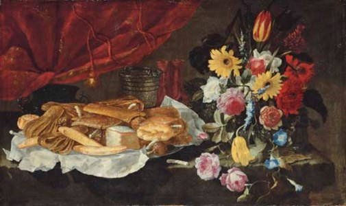 Roses, carnations, tulips and other flowers in a glass vase, with pastries and sweetmeats on a pewter platter, on a stone ledge in front of a red curtain