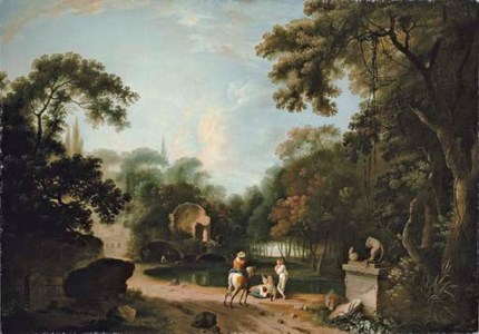 A classical wooded landscape with ruins, a traveller on a path and figures resting by a river