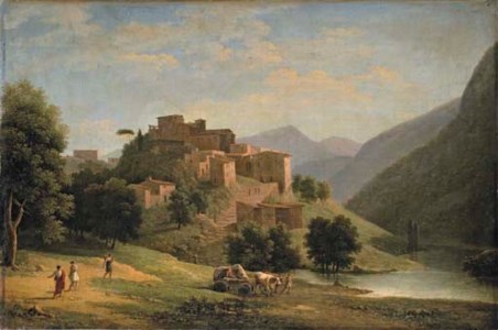 An Italianate mountainous river landscape with a hill-top town and an ox-drawn cart with figures