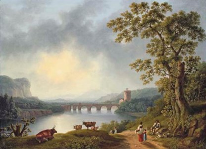 The Volturno with the Ponte Margherita, near Pisa, with a herdsman resting and peasants on a path